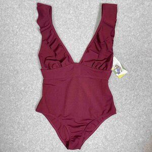 Halara NWT One Piece Swim w/ V Plunge Neckline and Ruffled Straps Womens Size XL